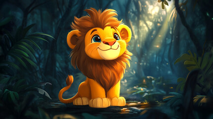 "adorable baby lion cub digital art in forest setting featuring a whimsical cartoon style with elements of nature and wildlife illustrated in fantasy-themed jungle environment"
