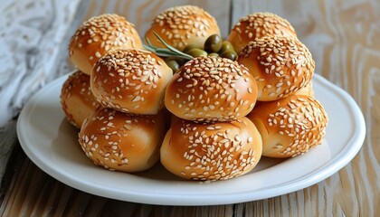 Freshly Baked Koulouri Bread Rolls Topped with Sesame Seeds on White Plate