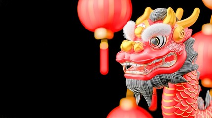 [Vibrant red dragon statue with golden accents and pearls] Vibrant Red Dragon Statue Against Dark Background with Golden Accents and Pearls, Oriental Theme