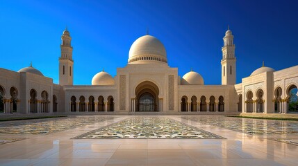 Obraz premium [Repetitive forms symmetry structures] Traditional Islamic Mosque Architecture Complex in Blue Sky