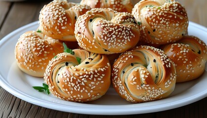 Freshly Baked Koulouri Circular Bread with Sesame Seeds on a White Plate