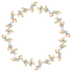 Round floral wreath frame with hand drawn flowers and leaves decoration

