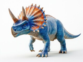 Fototapeta premium A detailed rendering of a blue and orange triceratops dinosaur in a dynamic pose.