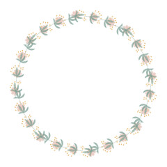 Round floral wreath frame with hand drawn flowers and leaves decoration
