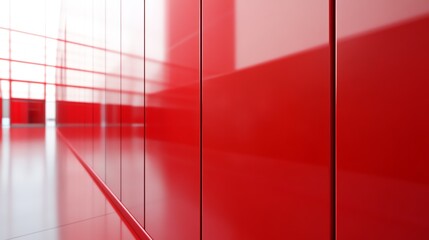 Modern architecture with glossy red panels reflecting light.