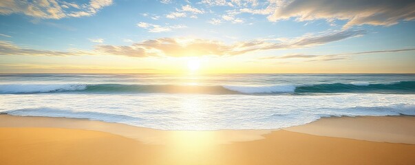 Fototapeta premium A serene beach scene at sunset, showcasing waves and a colorful sky.