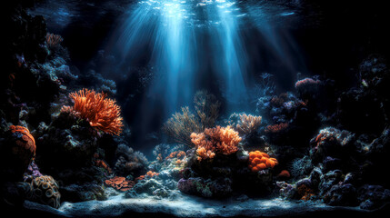 Obraz premium A stunning coral reef thrives under the ocean, showcasing colorful corals and marine life. Sunlight penetrates the water, creating dynamic patterns of light and shadow.