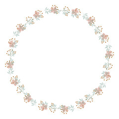 Round floral wreath frame with hand drawn flowers and leaves decoration
