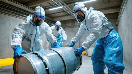Workers in Protective Gear Safely Handling Hazardous Waste Barrel in Industrial Facility Environment Protection Concept