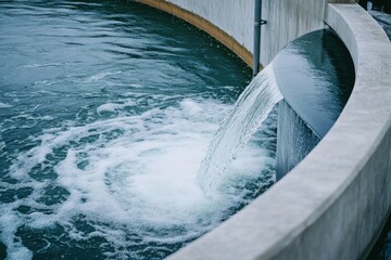 Efficient Water Treatment Facility with Flowing Water in Modern Circular Basin, Environmental Protection Concept
