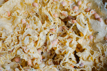 popular Indonesian traditional food or snack is known as rempeyek. Rempeyek is made from rice flour mixed with water to form a thick dough and then fried thinly. Peanut brittle with chopped peanuts.