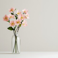 [Still life arrangement of fresh pink flowers in clear glass vase with water] Fresh Cut Pink Roses in Clear Glass Vase Over Water Minimalist Still Life Photography