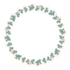 Round floral wreath frame with hand drawn flowers and leaves decoration

