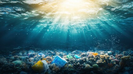 Fototapeta premium Pollution in Coral Reefs Captured in Gloomy Lighting