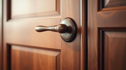 Obraz premium Elegant wooden door handle with richly stained hardwood fixture for sophisticated room decor, elegant, door handle