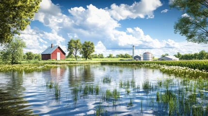 Obraz premium Rural Flooding Effects on Farmland Under Bright Sunlight