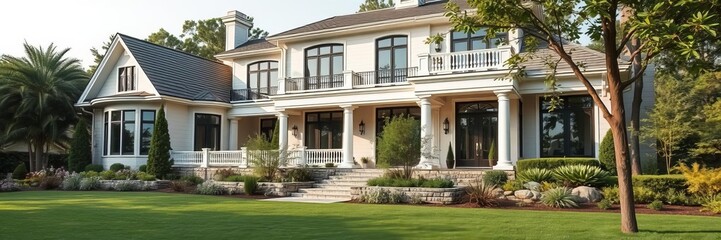 Elegant modern house with white exterior, large windows, and lush landscaping, inspiration, large windows