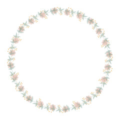 Round floral wreath frame with hand drawn flowers and leaves decoration
