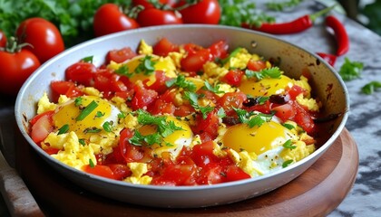 Delicious and Colorful Menemen with Scrambled Eggs and Fresh Tomatoes Ready to Serve