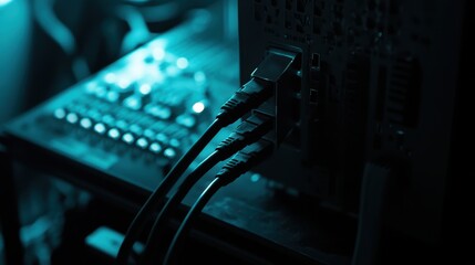 Cables Connected to Digital Equipment in Dark Setting