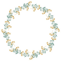 Round floral wreath frame with hand drawn flowers and leaves decoration
