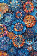 A vibrant collage of intricate floral patterns in blue and orange hues.