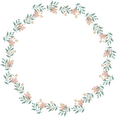 Round floral wreath frame with hand drawn flowers and leaves decoration
