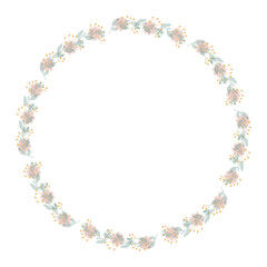 Fototapeta premium Round floral wreath frame with hand drawn flowers and leaves decoration 