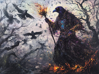 A warlock-like raven humanoid with tattered robes and glowing runic tattoos, clutching a mic stand forged from twisted metal and bones. Its voice emits visible soundwaves of dark energy, shattering