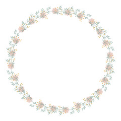 Fototapeta premium Round floral wreath frame with hand drawn flowers and leaves decoration 