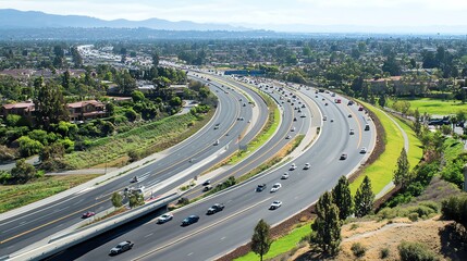 Aerial view of a busy highway with cars commuting through beautiful green surroundings.