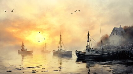 Fototapeta premium Serene sunset over tranquil waters with fishing boats and a misty shore.