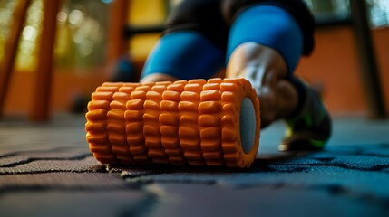 Close-up of an orange foam roller on the ground with a person's legs blurred in the background, suggesting self-massage or myofascial release.