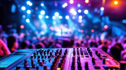 Colorful Concert Scene with Sound Equipment in Focus
