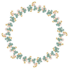 Round floral wreath frame with hand drawn flowers and leaves decoration

