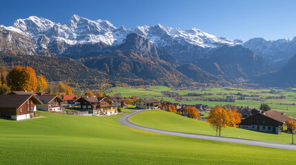 "picturesque alpine village in autumn with snow capped mountains, scenic valley views, and traditional houses in the austrian alps and european countryside"
