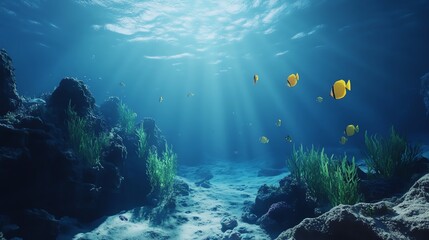 Naklejka premium Beneath the surface, vibrant fish swim among lush sea plants.