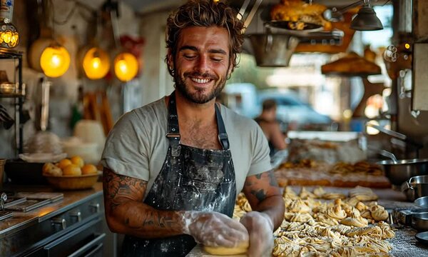 A smiling baker in an apron surrounded by freshly made pastries in a vibrant bakery.