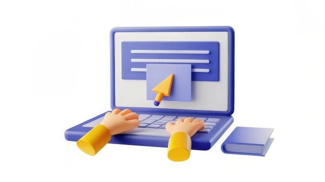 A colorful 3D illustration of a laptop with hands interacting, showcasing user input and interface design.