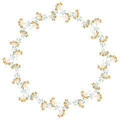 Round floral wreath frame with hand drawn flowers and leaves decoration
