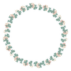 Round floral wreath frame with hand drawn flowers and leaves decoration
