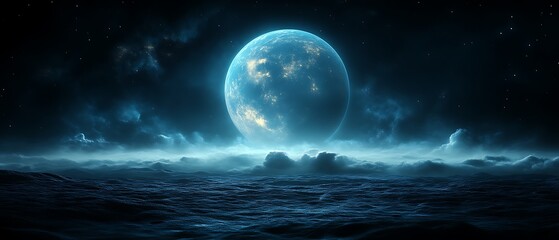 Fototapeta premium Blue planet rising over dark ocean.
