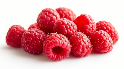 A fresh pile of vibrant, red raspberries on a white background.