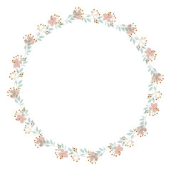 Round floral wreath frame with hand drawn flowers and leaves decoration
