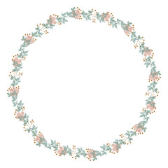 Round floral wreath frame with hand drawn flowers and leaves decoration
