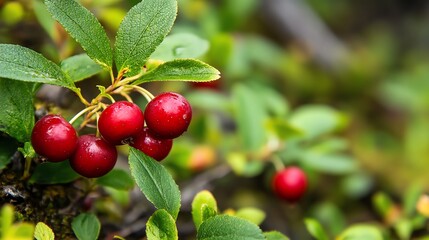 Obraz premium Close-up of vibrant red berries against lush green leaves in nature.
