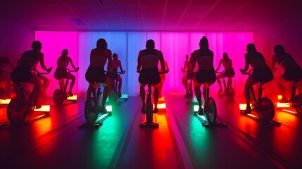 Silhouetted figures of women intensely cycling in a vibrant, neon-lit spin class.  Energetic fitness atmosphere.