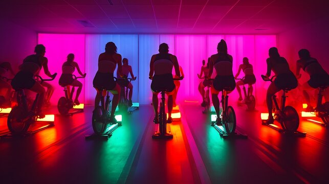 Silhouetted figures of women intensely cycling in a vibrant, neon-lit spin class.  Energetic fitness atmosphere.