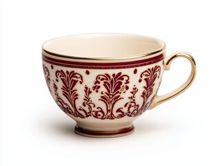 A vintage-style porcelain cup with intricate red floral designs and a gold rim, perfect for elegant tea or coffee settings.