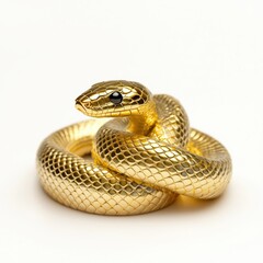 Obraz premium A shiny gold snake sculpture coiled elegantly, featuring intricate detailing and a striking black eye, exuding a sense of luxury and craftsmanship.